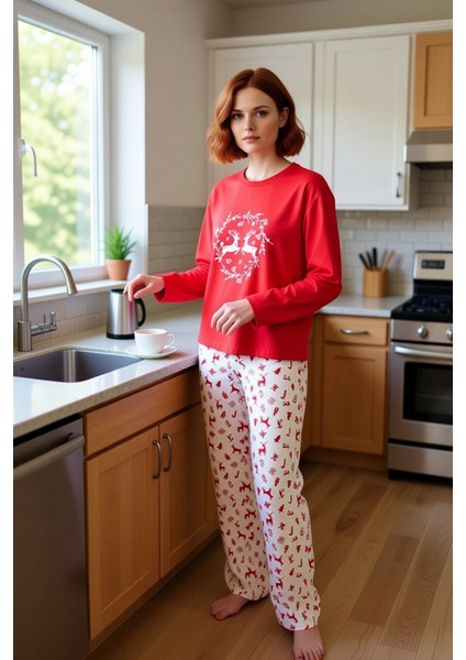 Kadin Kirmizi Yılbaşı Temali Uzun Kollu Pijama Takımı Fonksiyonel Dayanıklı Kaliteli Rahat fiyatları