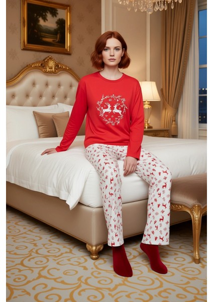 Kadin Kirmizi Yılbaşı Temali Uzun Kollu Pijama Takımı Fonksiyonel Dayanıklı Kaliteli Rahat modelleri