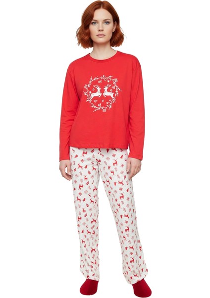 Kadin Kirmizi Yılbaşı Temali Uzun Kollu Pijama Takımı Fonksiyonel Dayanıklı Kaliteli Rahat fırsatları