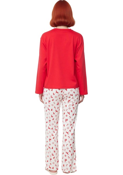 Kadin Kirmizi Yılbaşı Temali Uzun Kollu Pijama Takımı Fonksiyonel Dayanıklı Kaliteli Rahat indirimleri