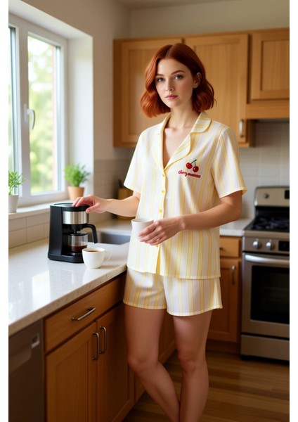 Kadın Nakışlı Viskon Çizgili Pijama Takımı Renk Fonksiyonel Dayanıklı Kaliteli Konforlu Şık