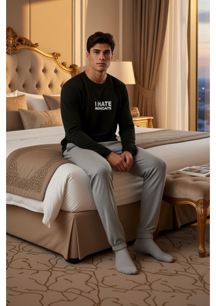 Erkek Slogan Baskılı Regular Fit Uzun Kollu Pijama Takımı Fonksiyonel Dayanıklı Kaliteli Şık modelleri