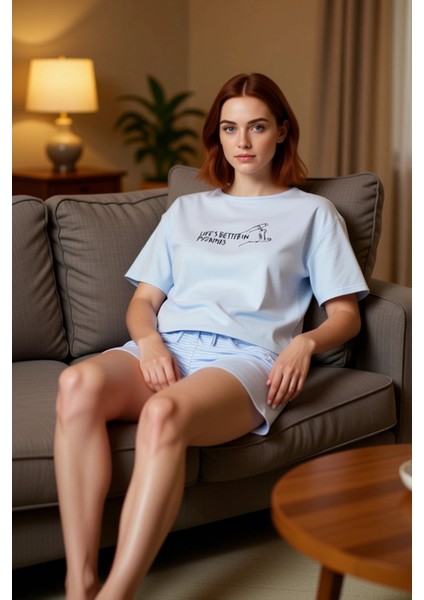 Kadın Açık Slogan Baskılı Çizgili Pijama Takımı Fonksiyonel Dayanıklı Kaliteli Konforlu Şık