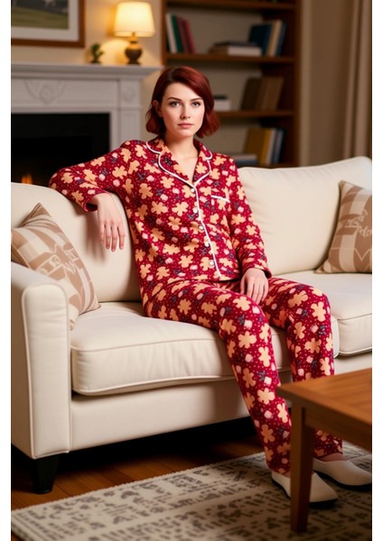 Kadin Kirmizi Yılbaşı Temali Pijama Takımı Fonksiyonel Dayanıklı Kaliteli Konforlu Estetik