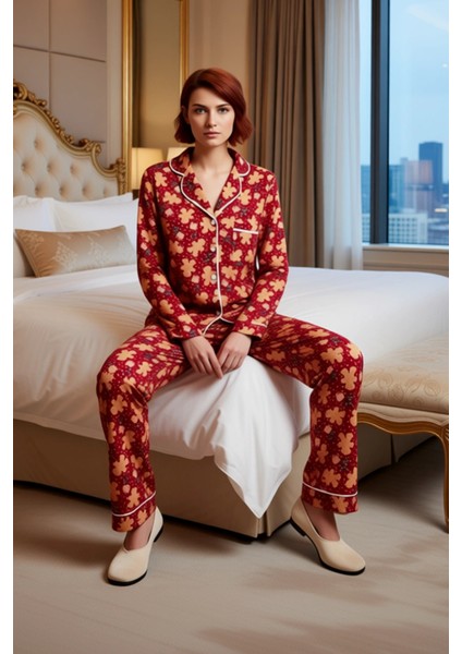 Kadin Kirmizi Yılbaşı Temali Pijama Takımı Fonksiyonel Dayanıklı Kaliteli Konforlu Estetik modelleri