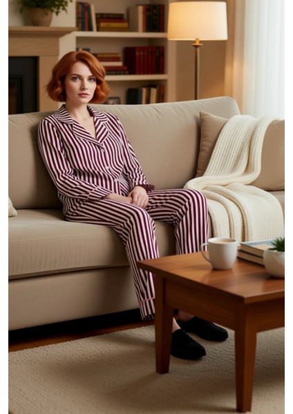 Kadın Çizgili Gömlek Pijama Takımı Fonksiyonel Dayanıklı Kaliteli Konforlu Estetik Premium