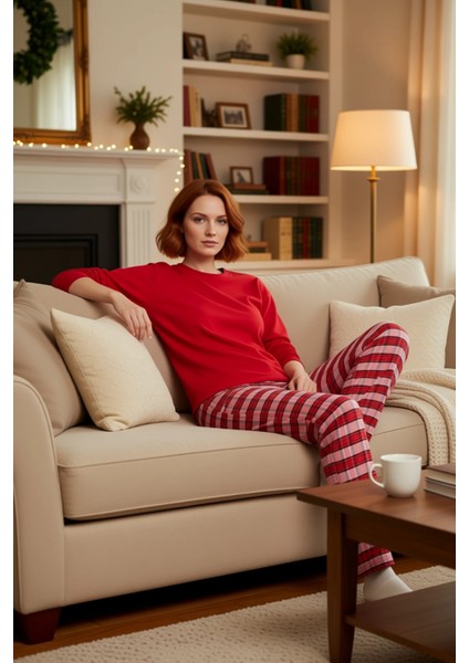 Kadın Ekose Pijama Takımı Uzun Kollu Bisiklet Yaka Fonksiyonel Dayanıklı Kaliteli Konforlu