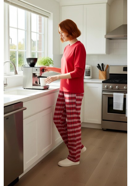 Kadın Ekose Pijama Takımı Uzun Kollu Bisiklet Yaka Fonksiyonel Dayanıklı Kaliteli Konforlu fiyatları