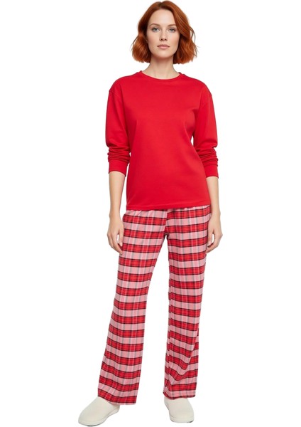 Kadın Ekose Pijama Takımı Uzun Kollu Bisiklet Yaka Fonksiyonel Dayanıklı Kaliteli Konforlu fırsatları