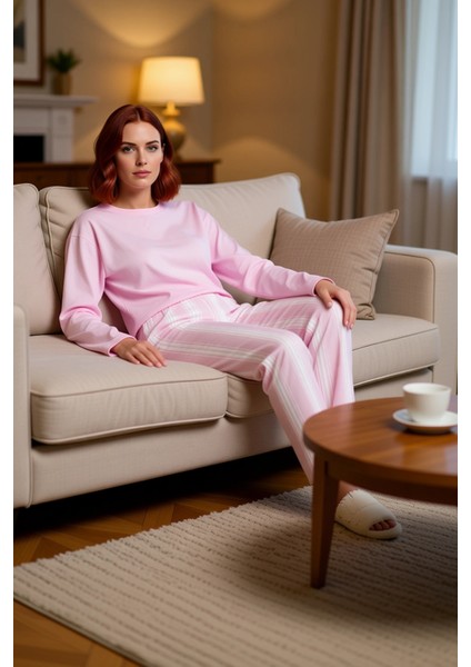 Kadın Antrasit Çizgili Pamuklu Pijama Takımı Fonksiyonel Dayanıklı Kaliteli Konforlu Rahat