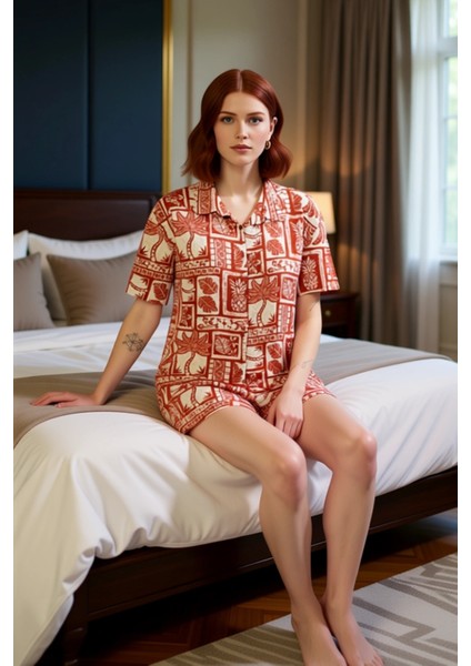 Kadın Etnik Desenli Viskon Pijama Takımı Gömlek ve Şort Fonksiyonel Dayanıklı Kaliteli Şık