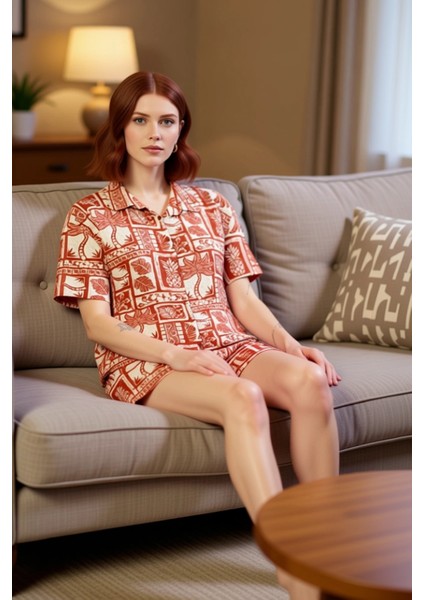 Kadın Etnik Desenli Viskon Pijama Takımı Gömlek ve Şort Fonksiyonel Dayanıklı Kaliteli Şık fırsatları