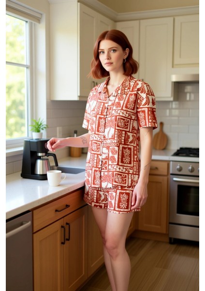 Kadın Etnik Desenli Viskon Pijama Takımı Gömlek ve Şort Fonksiyonel Dayanıklı Kaliteli Şık indirimleri