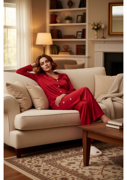 Kadın Kurdele Nakışlı Gömlek Pantolon Pijama Takımı Fonksiyonel Dayanıklı Kaliteli Estetik