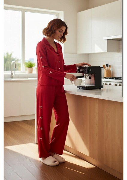 Kadın Kurdele Nakışlı Gömlek Pantolon Pijama Takımı Fonksiyonel Dayanıklı Kaliteli Estetik fiyatları
