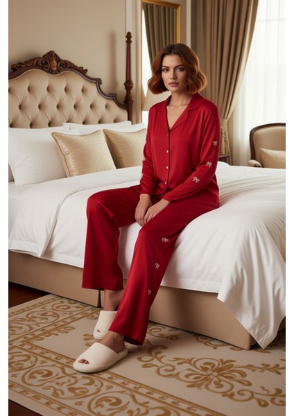 Kadın Kurdele Nakışlı Gömlek Pantolon Pijama Takımı Fonksiyonel Dayanıklı Kaliteli Estetik modelleri