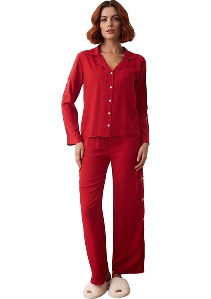 Kadın Kurdele Nakışlı Gömlek Pantolon Pijama Takımı Fonksiyonel Dayanıklı Kaliteli Estetik fırsatları
