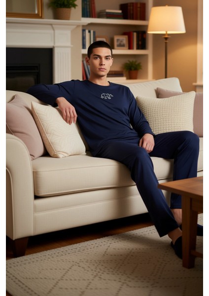 Erkek Nakışlı Bisiklet Yaka Uzun Kollu Pijama Takımı Fonksiyonel Dayanıklı Kaliteli Modern