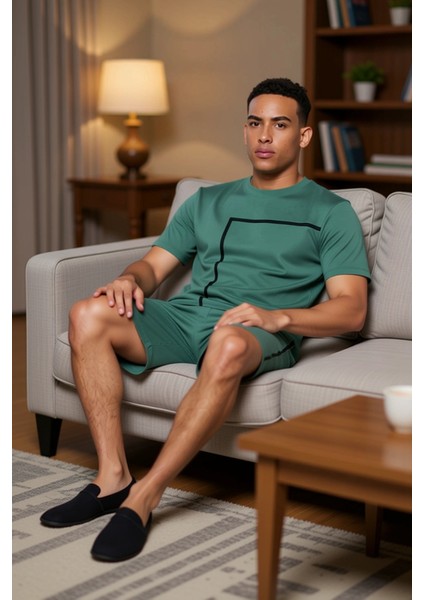 Erkek Bisiklet Yaka Baskılı Ev Giyim Takımı Fonksiyonel Dayanıklı Kaliteli Konforlu Modern