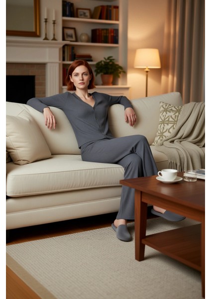 Kadın Fitilli Örme Hırkalı Pijama Takımı Fonksiyonel Dayanıklı Kaliteli Konforlu Estetik Şık