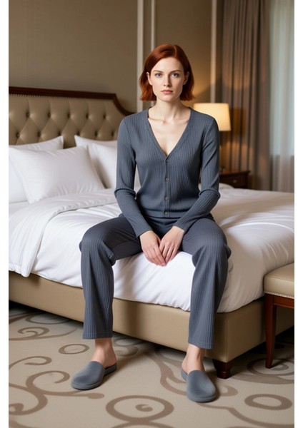 Kadın Fitilli Örme Hırkalı Pijama Takımı Fonksiyonel Dayanıklı Kaliteli Konforlu Estetik Şık modelleri