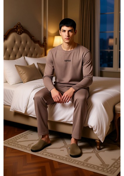Erkek Slogan Baskılı Antrasit Örme Pijama Takımı Fonksiyonel Dayanıklı Kaliteli Konforlu Şık