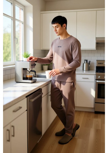 Erkek Slogan Baskılı Antrasit Örme Pijama Takımı Fonksiyonel Dayanıklı Kaliteli Konforlu Şık modelleri