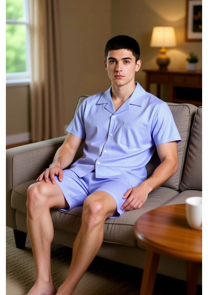 Erkek Çizgili Gömlek Şort Pijama Takımı Fonksiyonel Dayanıklı Kaliteli Konforlu Estetik Şık