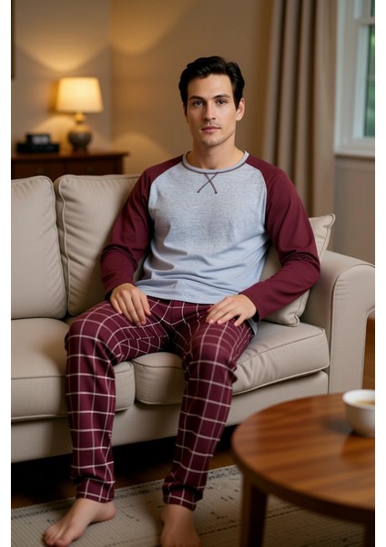 Erkek Bisiklet Yaka Kareli Pijama Takımı Uzun Kollu Fonksiyonel Dayanıklı Kaliteli Estetik
