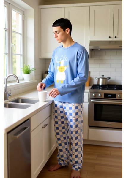 Kadin Uzun Kollu Bisiklet Yaka Ordek Baskılı Pijama Takımı Fonksiyonel Dayanıklı Kaliteli Şık fiyatları