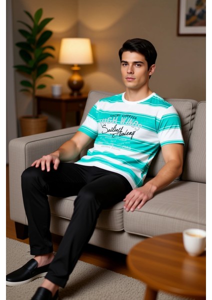 Erkek Çizgili Bisiklet Yaka Kısa Kollu Pijama Takımı Fonksiyonel Dayanıklı Kaliteli Modern