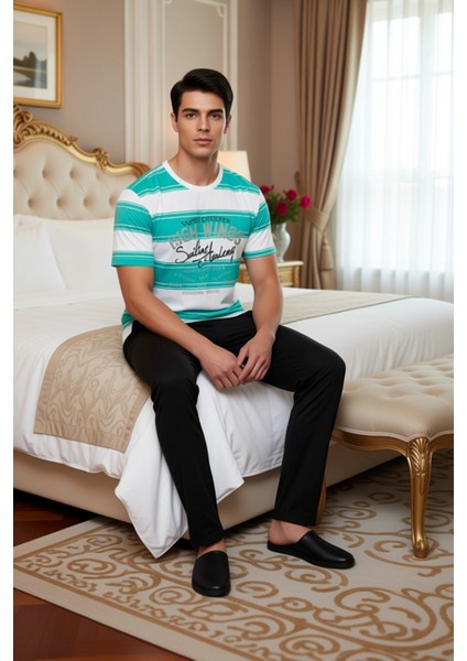 Erkek Çizgili Bisiklet Yaka Kısa Kollu Pijama Takımı Fonksiyonel Dayanıklı Kaliteli Modern modelleri