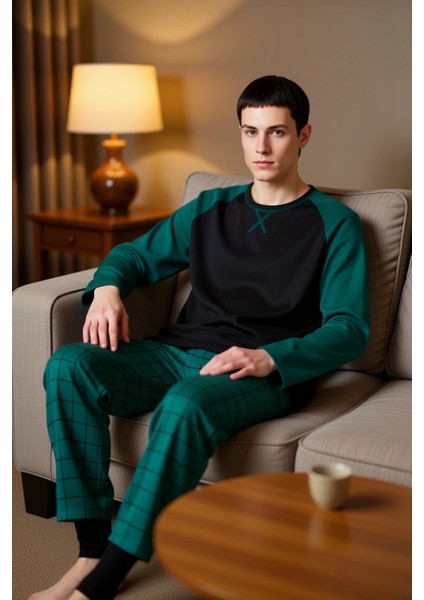 Erkek Bisiklet Yaka Kareli Pijama Takımı Uzun Kollu Fonksiyonel Dayanıklı Kaliteli Estetik