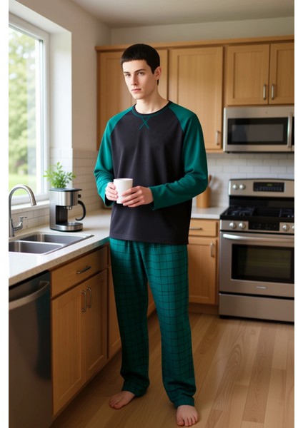 Erkek Bisiklet Yaka Kareli Pijama Takımı Uzun Kollu Fonksiyonel Dayanıklı Kaliteli Estetik fiyatları