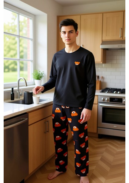 Ayıcık Baskılı Bisiklet Yaka Uzun Kollu Pijama Takımı Erkek Fonksiyonel Dayanıklı Kaliteli fiyatları