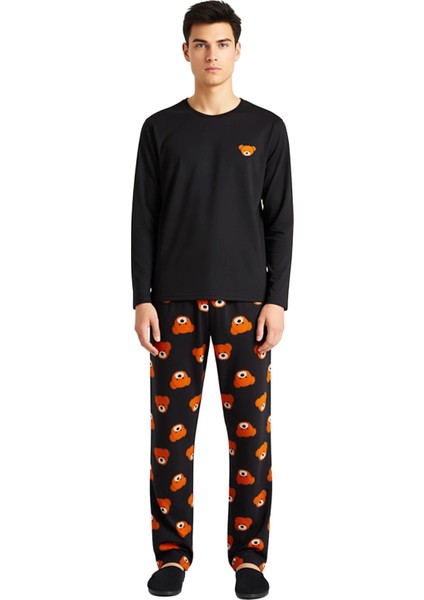 Ayıcık Baskılı Bisiklet Yaka Uzun Kollu Pijama Takımı Erkek Fonksiyonel Dayanıklı Kaliteli fırsatları