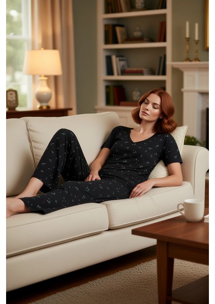 Kadın Mint Çiçekli V Yaka Kısa Kollu Pijama Takımı Fonksiyonel Dayanıklı Kaliteli Konforlu