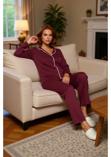 Kadın Biye Detaylı Gömlek ve Boru Paça Pijama Takımı Fonksiyonel Dayanıklı Kaliteli Modern