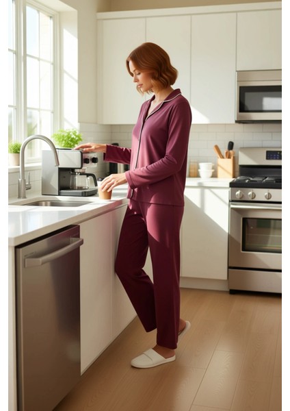 Kadın Biye Detaylı Gömlek ve Boru Paça Pijama Takımı Fonksiyonel Dayanıklı Kaliteli Modern fiyatları