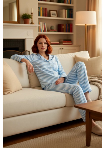 Kadın Çizgili Pijama Takımı Gömlek Yaka Fonksiyonel Dayanıklı Kaliteli Konforlu Estetik Şık