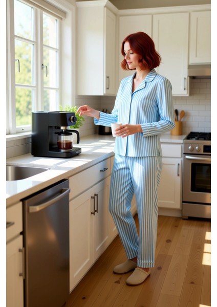 Kadın Çizgili Pijama Takımı Gömlek Yaka Fonksiyonel Dayanıklı Kaliteli Konforlu Estetik Şık fiyatları