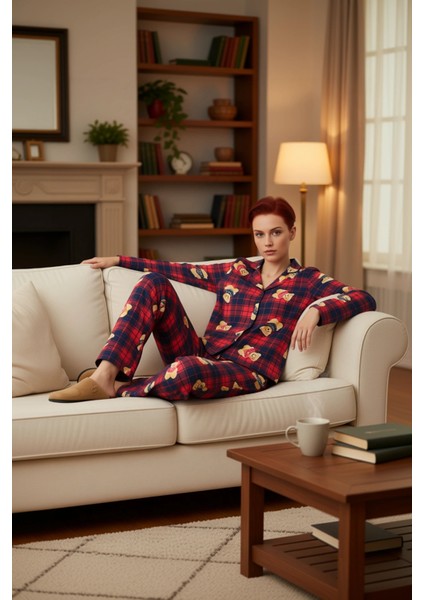 Kadin Ayicik Desenli Ekose Pijama Takımı Gömlek Yaka Uzun Kollu Fonksiyonel Dayanıklı Spor