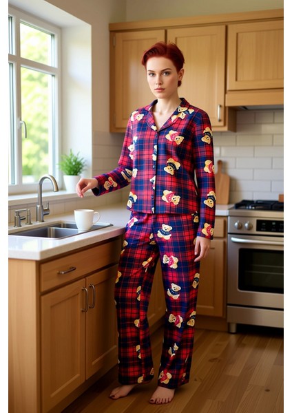 Kadin Ayicik Desenli Ekose Pijama Takımı Gömlek Yaka Uzun Kollu Fonksiyonel Dayanıklı Spor fiyatları