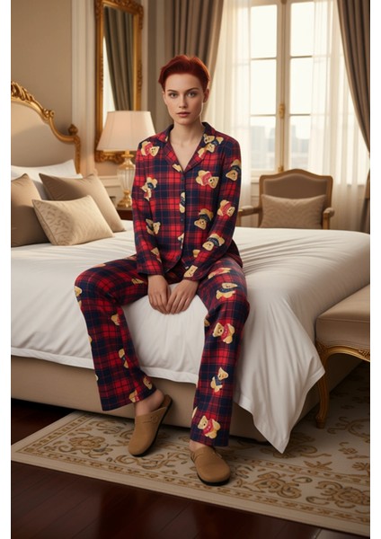 Kadin Ayicik Desenli Ekose Pijama Takımı Gömlek Yaka Uzun Kollu Fonksiyonel Dayanıklı Spor modelleri