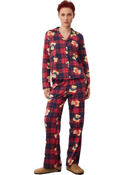 Kadin Ayicik Desenli Ekose Pijama Takımı Gömlek Yaka Uzun Kollu Fonksiyonel Dayanıklı Spor fırsatları