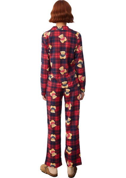 Kadin Ayicik Desenli Ekose Pijama Takımı Gömlek Yaka Uzun Kollu Fonksiyonel Dayanıklı Spor indirimleri