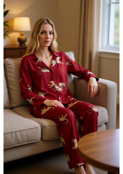 Kadın Kaplan Desenli Gömlek ve Pantolon Pijama Takımı Fonksiyonel Dayanıklı Kaliteli Rahat