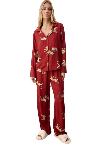 Kadın Kaplan Desenli Gömlek ve Pantolon Pijama Takımı Fonksiyonel Dayanıklı Kaliteli Rahat fırsatları