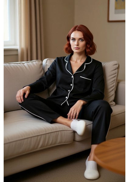 Kadın Biye Detaylı Gömlek Yaka Pijama Takımı Fonksiyonel Dayanıklı Kaliteli Konforlu Rahat