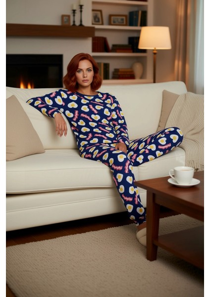 Kadin Kahvalti Desenli Pijama Takımı Bisiklet Yaka Uzun Kol Fonksiyonel Dayanıklı Kaliteli